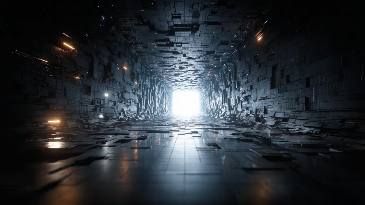 A Surreal Journey Through a Dark, Futuristic Tunnel Filled with Flickering Lights and Shadows Leading to a Bright Unknown Destination