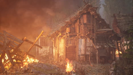 Burning-wooden-house-in-old-village