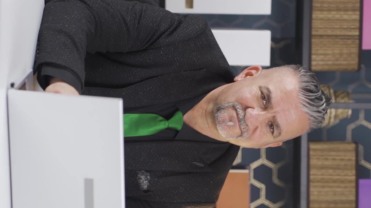 카메라에 미소 짓는 사업가의 수직 비디오.