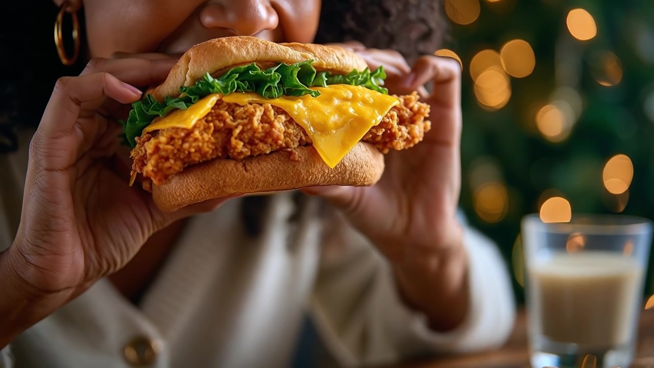 Close up of a person holding and biting into a crispy chicken burger with cheese