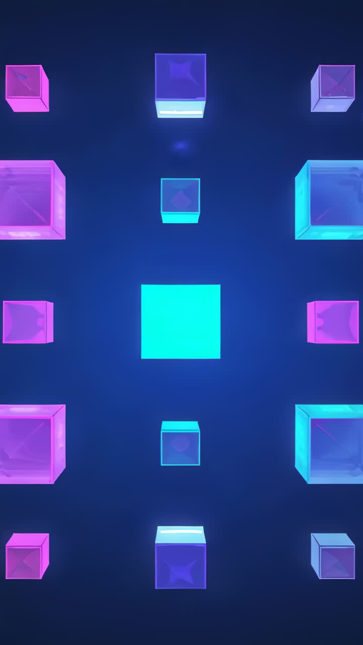 Vertical video: Scaling central cyan square pushing glass cubes inward on 3D stage, drawing focus
