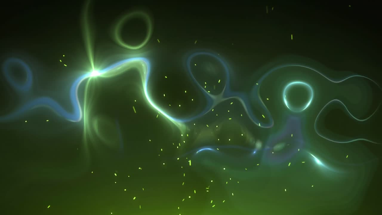 Animation of statistical data processing over digital waves and light sparks on green background