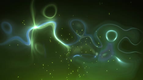 animation of statistical data processing over digital waves and light sparks on green background