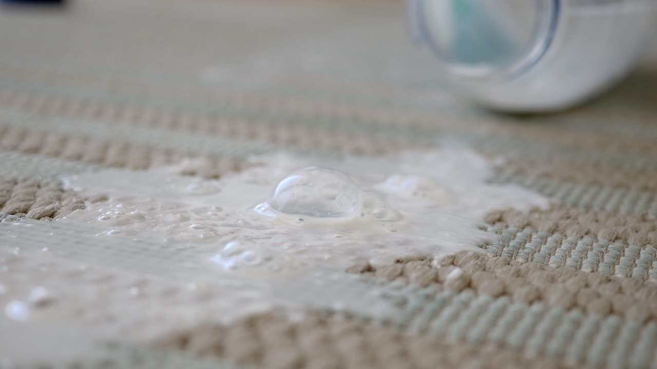 Liquido bianco che si rovescia e si assorbe in un tappeto intrecciato