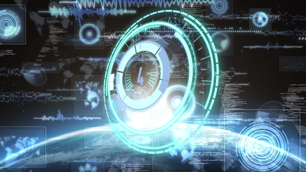 검은색 배경에 있는 지구상에서 데이터 처리에 대한 처리 원의 애니메이션