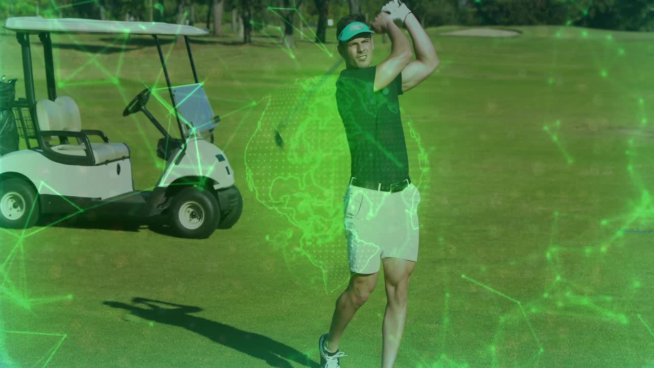 Golfer lining up shot triggers green globe tech animation swinging and dropping it in frustration