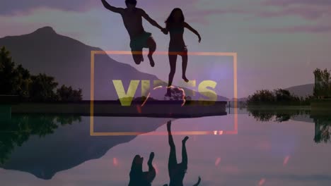 animation of vibes text over couple jumping into water