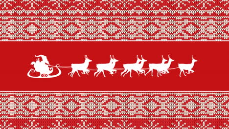 animation of santa claus in sleigh pulled by reindeers on traditional pattern on red background