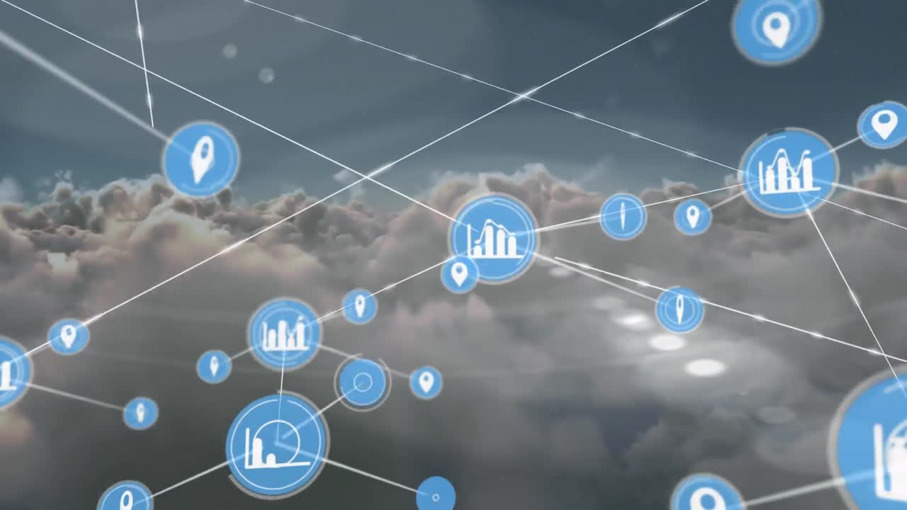 animación de una red de iconos digitales contra nubes oscuras en el cielo