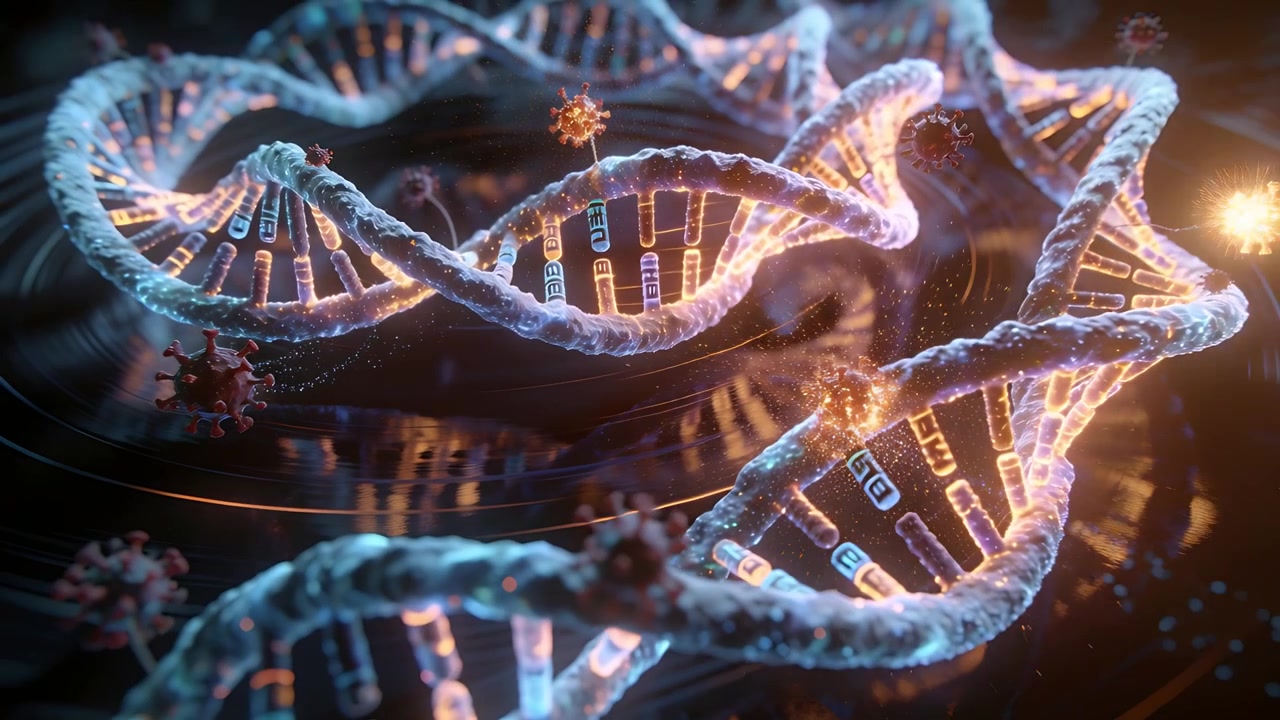 Elica di DNA rotante che emette coppie di basi sopra anelli, con un bagliore soffuso che avvia particelle appuntite alla deriva.