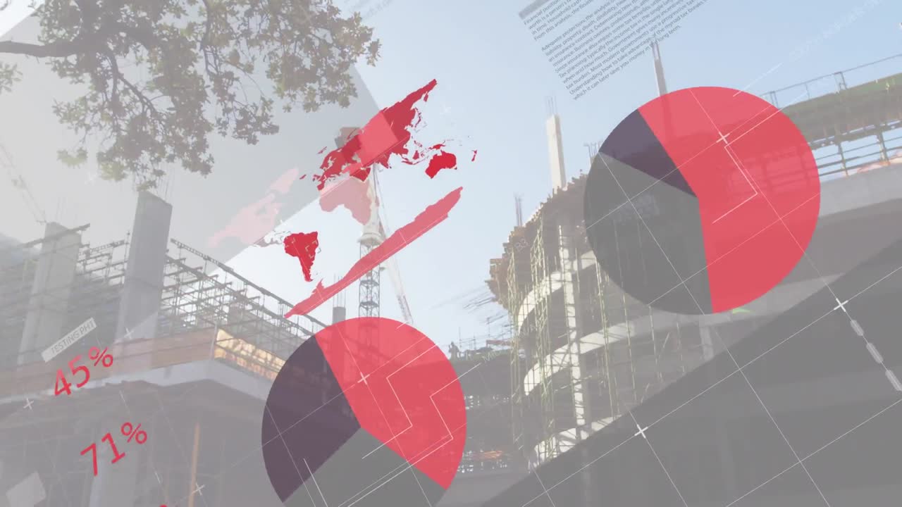 건설 중인 건물의 낮은 각도 뷰를 통해 인포그래픽 인터페이스의 애니메이션