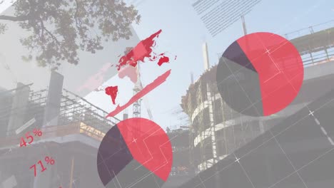 animation of infographic interface over low angle view of under construction buildings