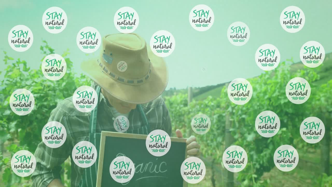 행복한 백인 남성 농부에 대한 자연 텍스트의 애니메이션