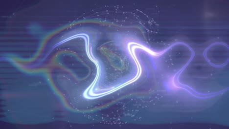 Animation-of-globe-with-network-of-connections-with-glowing-trails-on-purple-background