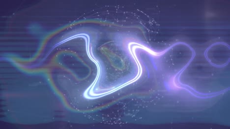 animation of globe with network of connections with glowing trails on purple background