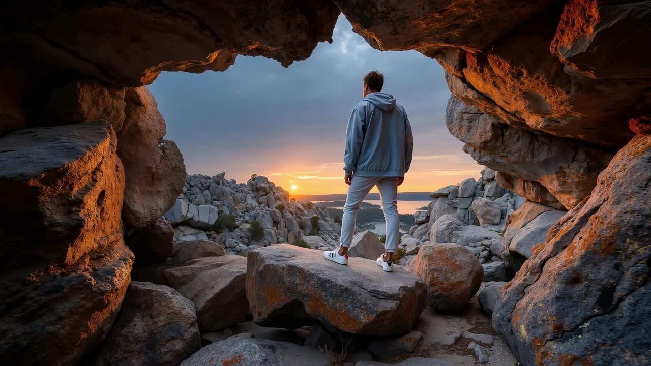 A man standing on a rock looking out of a cave at sunset