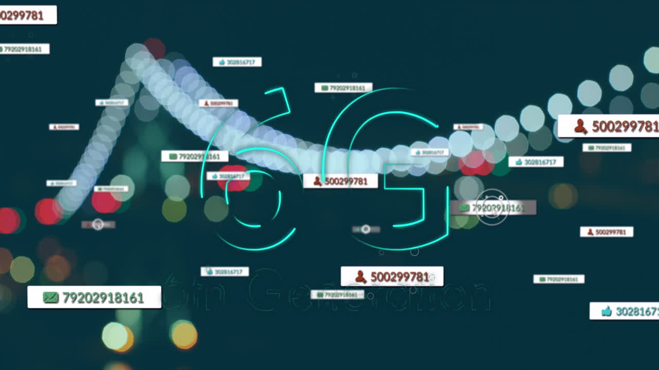 Animation of 6g text over data processing and cityscape