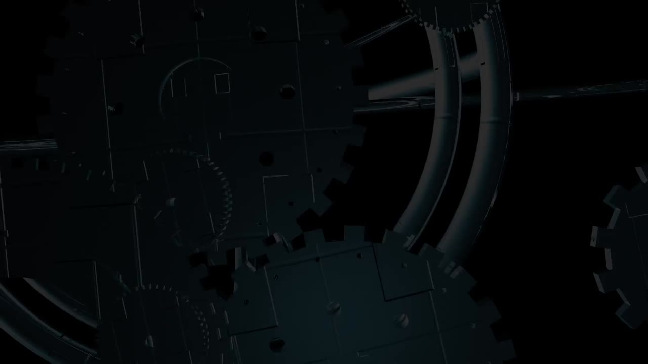 Animation of data processing over cogs on black background