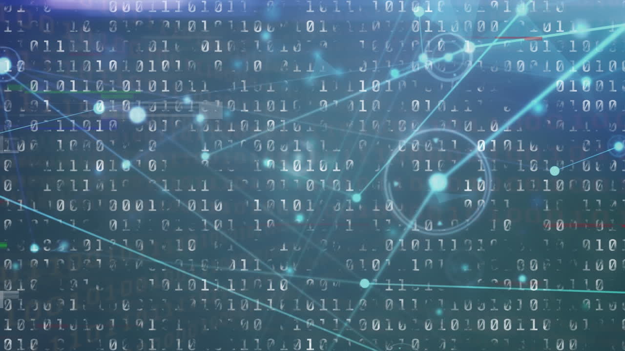 Animation of network of connections with icons over binary coding data processing