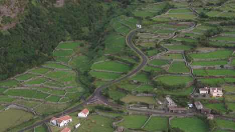 Prados-Verdes-En-La-Isla-De-Flores-Cerca-De-Fajã-Grande,-Azores---Disparo-De-Drones