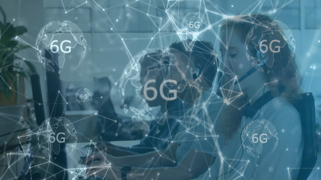 Working on computers, people using 6G network animation overlay in office
