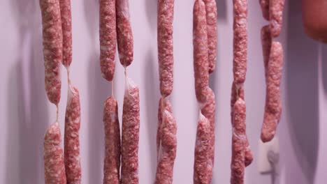 Freshly-prepared-sausage-on-display-at-a-local-deli,-gently-waving