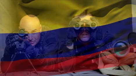 Animación-De-La-Bandera-De-Colombia-Sobre-Diversos-Soldados-Varones-Con-Armas-Y-Binoculares.