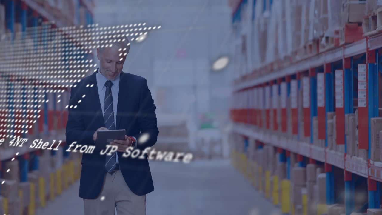 Animation of digital data processing over caucasian man working in warehouse