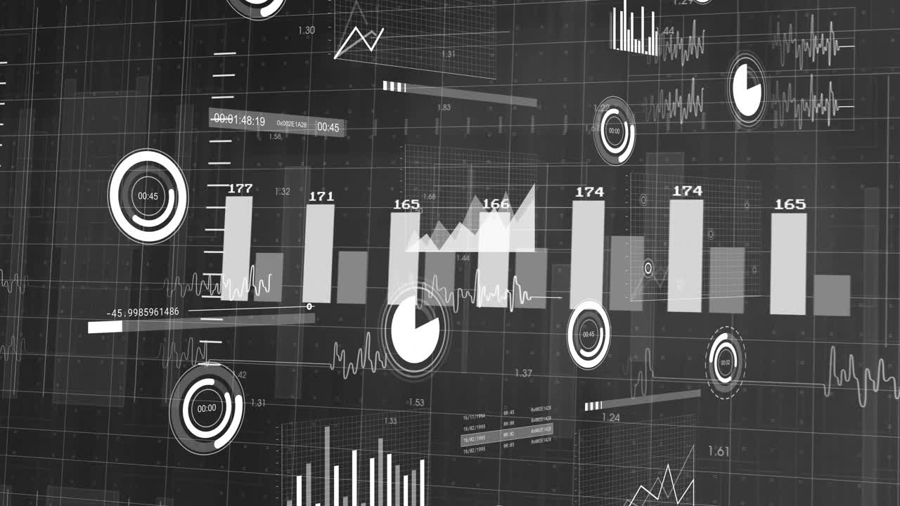 Animation of digital graphs and charts showing data analysis on dark background