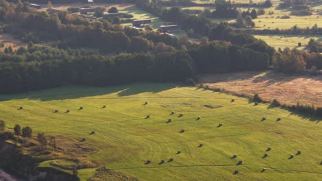 aerial zoom in shot of rural field with hay bales. strante ulmale coast, latvia