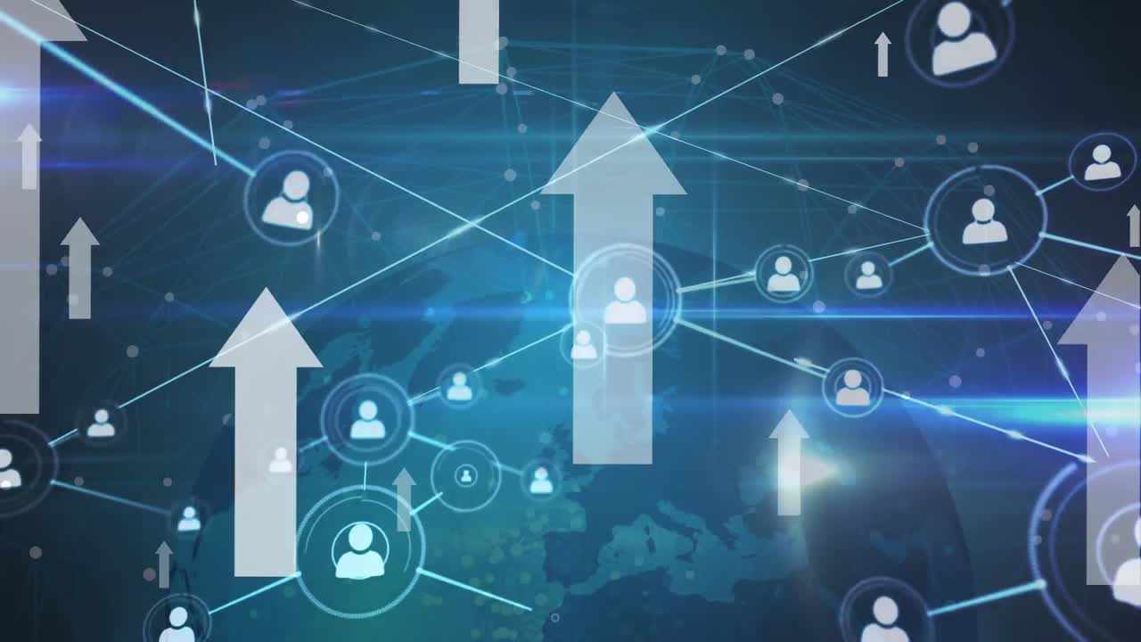 Network of profile icons and multiple arrows moving upwards against globe on blue background