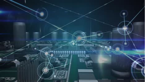 animación de la red de conexiones a través de la placa de circuito del procesador de computadora