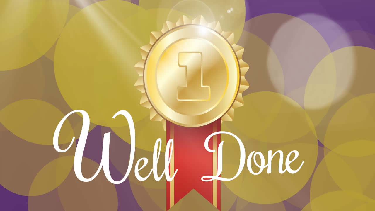 animación de puntos dorados flotantes, medalla de primer lugar y bien hecha sobre fondo púrpura