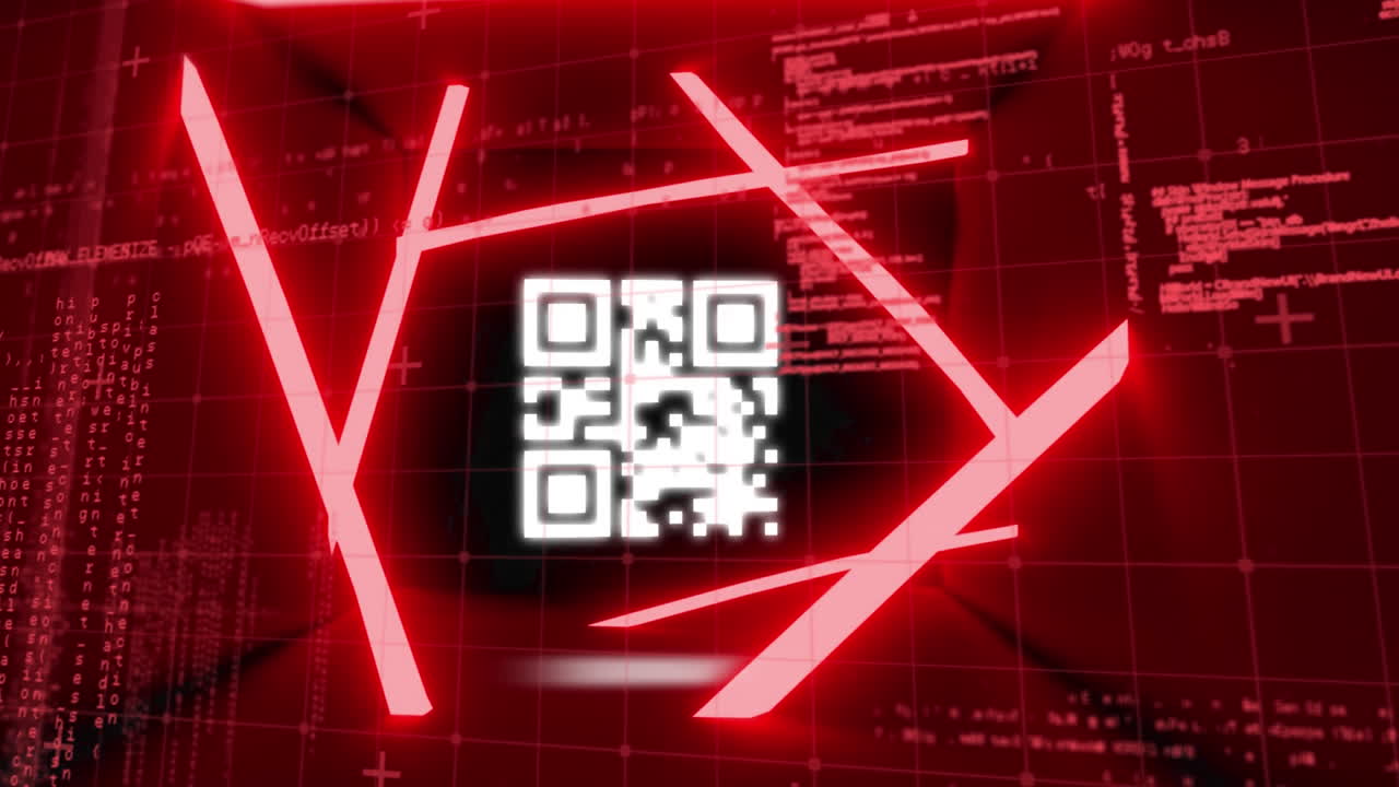 escáner de código qr con elementos de neón contra el procesamiento de datos en fondo rojo