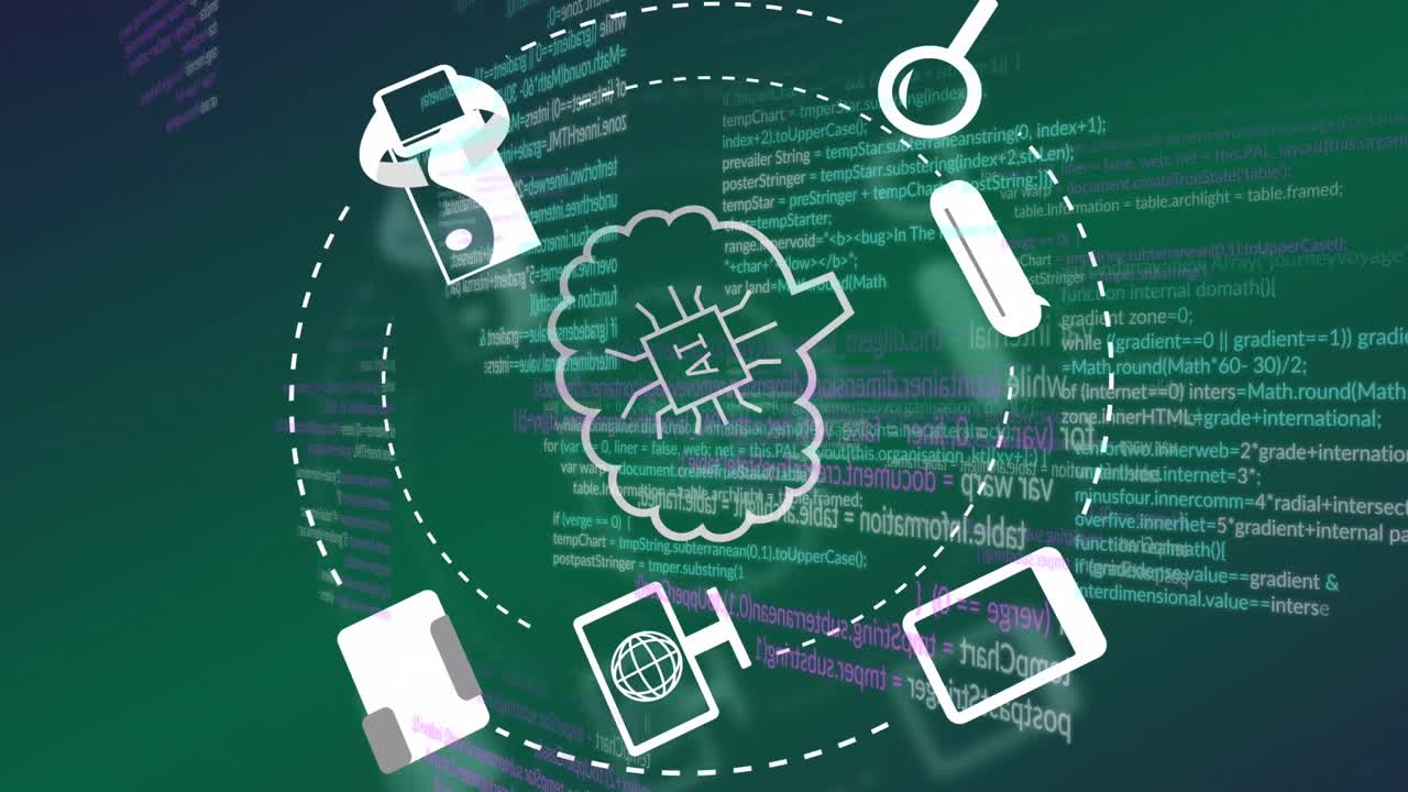 animación de un procesamiento de datos e iconos sobre un fondo verde