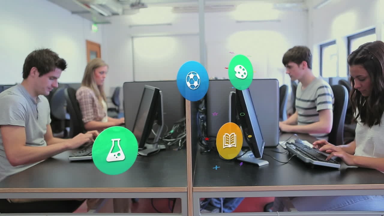 컴퓨터를 사용하여 다양한 학생들을 대상으로 다채로운 아이콘의 애니메이션