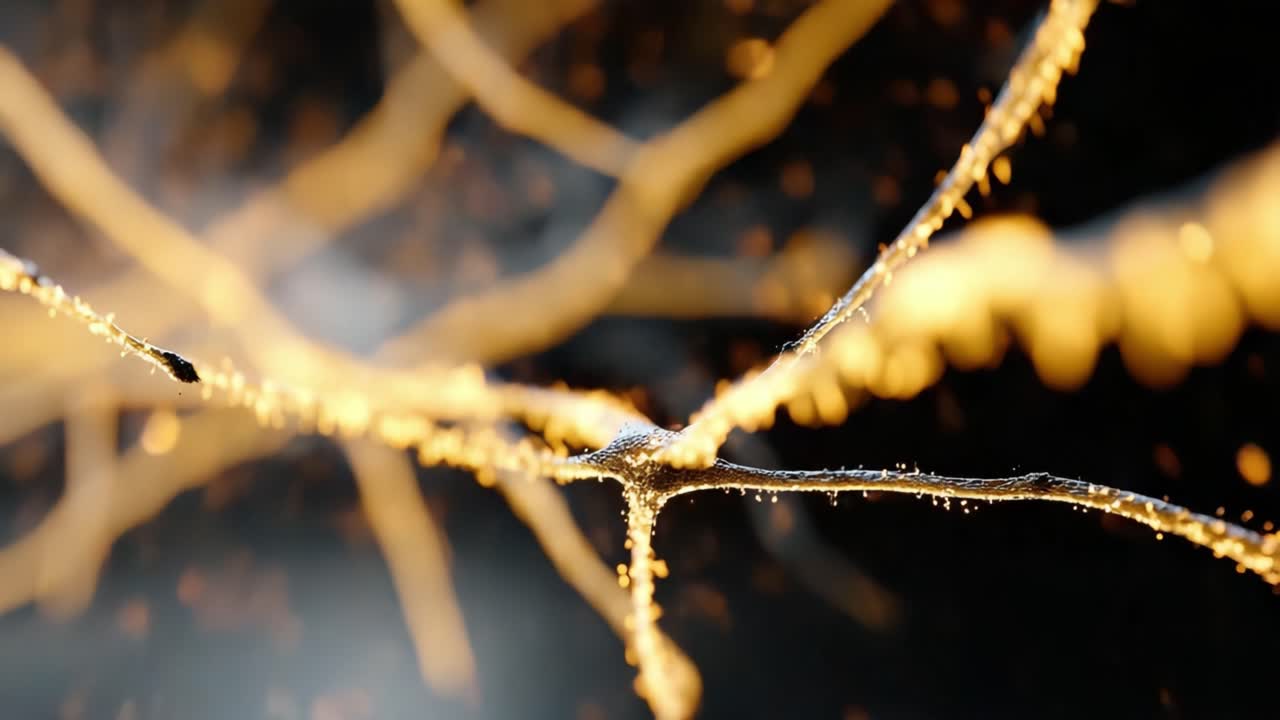 Captivating Close-Up of Delicate Threads Enhanced by Sparkling Droplets and Glimmering Light, Showcasing the Beauty of Nature's Intricate Designs