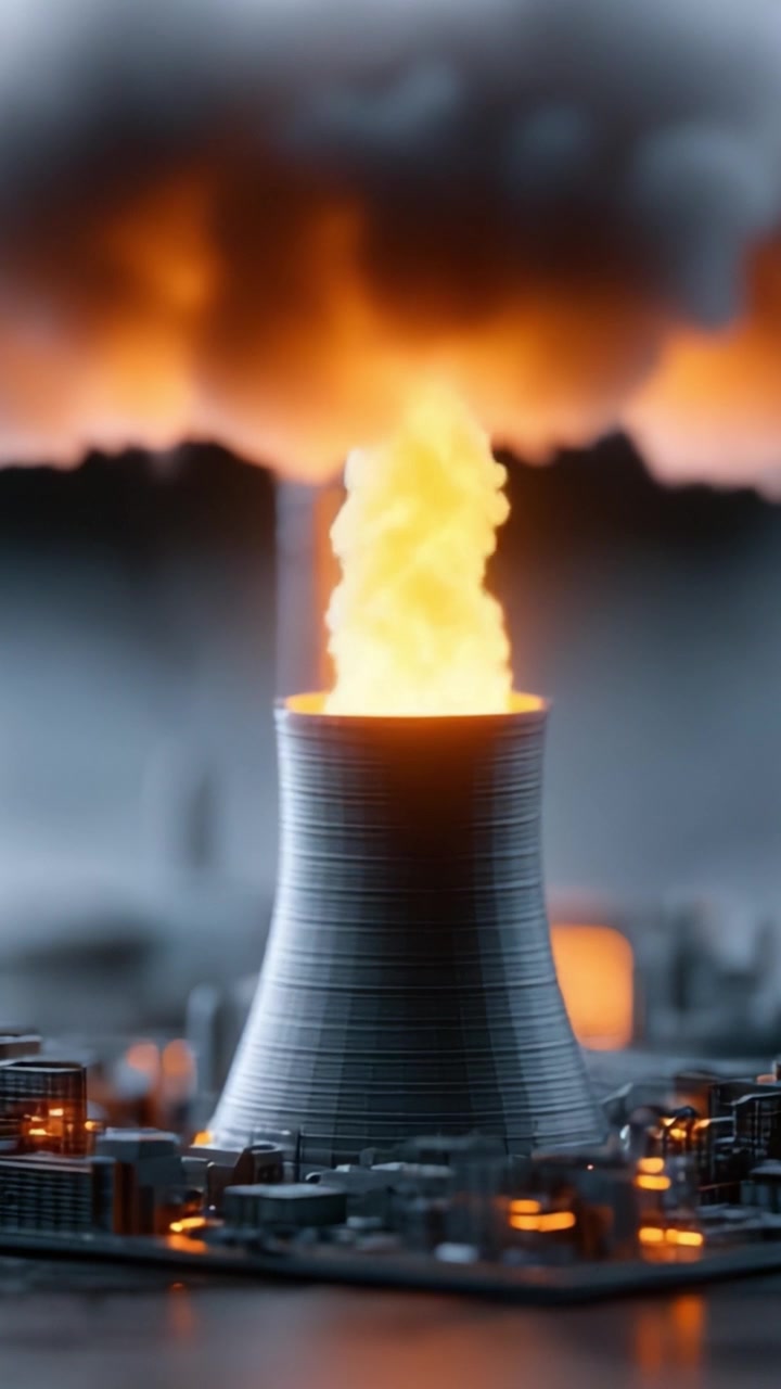 Een dramatische weergave van een kernsmelting van een reactor met uitbarstende vlammen en rook die een vurige en chaotische scène creëren in een miniatuurstadomgeving.