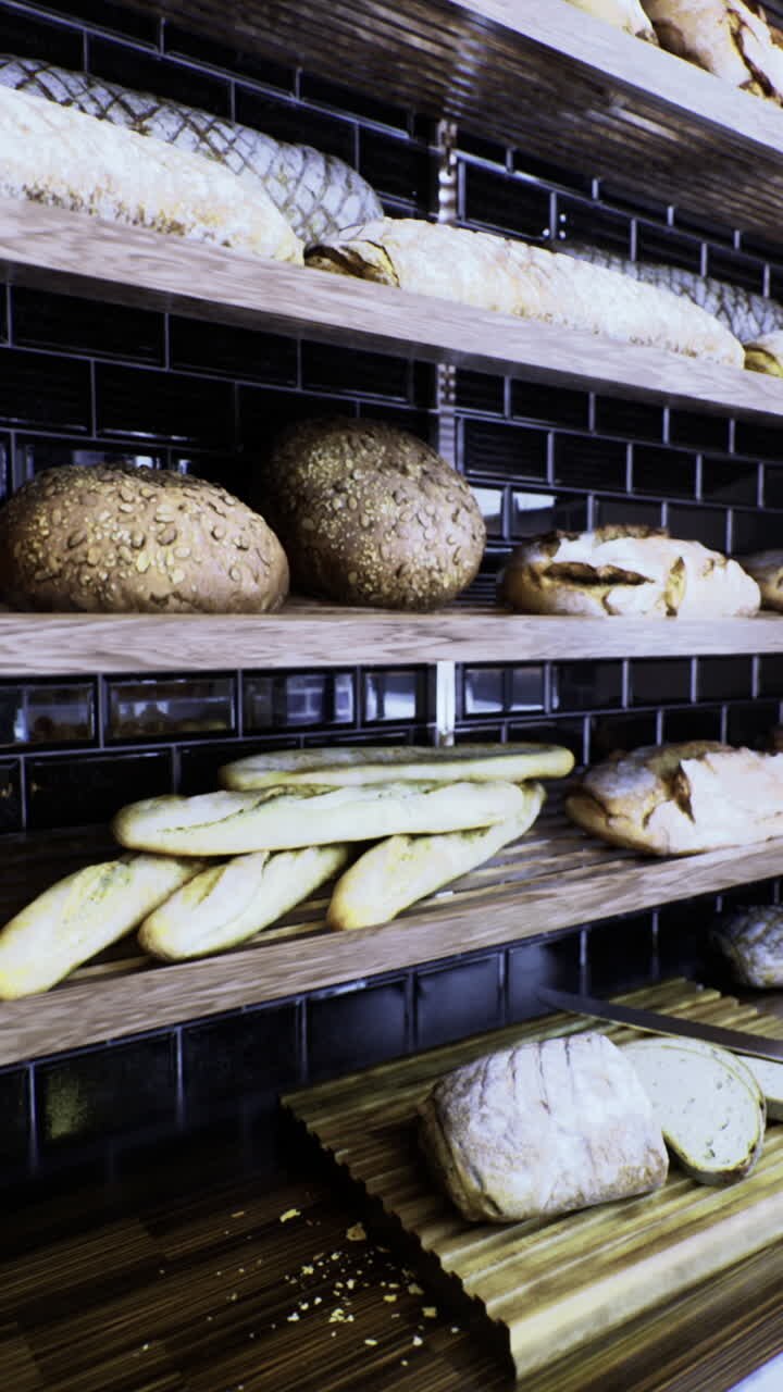 Freshly baked artisan bread displayed on wooden shelves in a cozy bakery