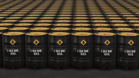 Crude-oil-barrels-stored-in-a-huge-warehouse,-camera-tracking-to-right---3D-Animation-Render-Crude-oil-supply-and-demand,-Rising-oil-prices,-Commodity-market-trading-concept-video