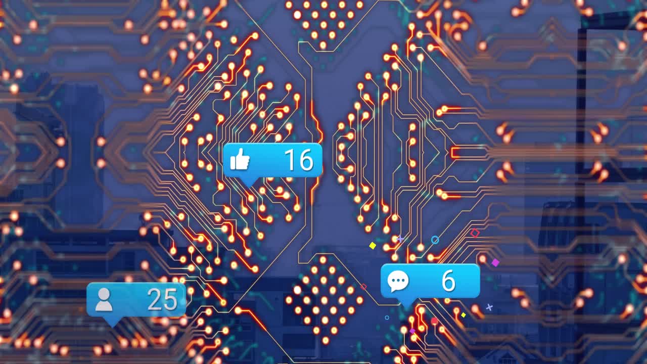 Animation of social media icons with growing number and computer circuit board over cityscape