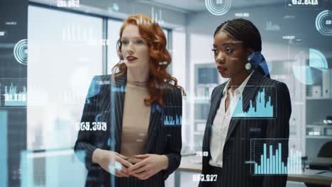 two professionals engage in a discussion about financial analytics and data visualization techniques in a modern office setting.