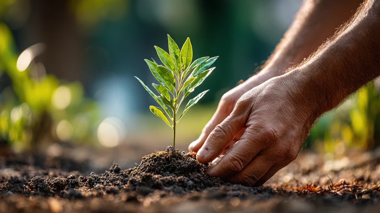 A Man Nurturing a Young Seedling in Fresh Soil, Representing the Hope and Growth of New Life in Nature's Embrace, Signifying Eco-Friendly Practices and Sustainability