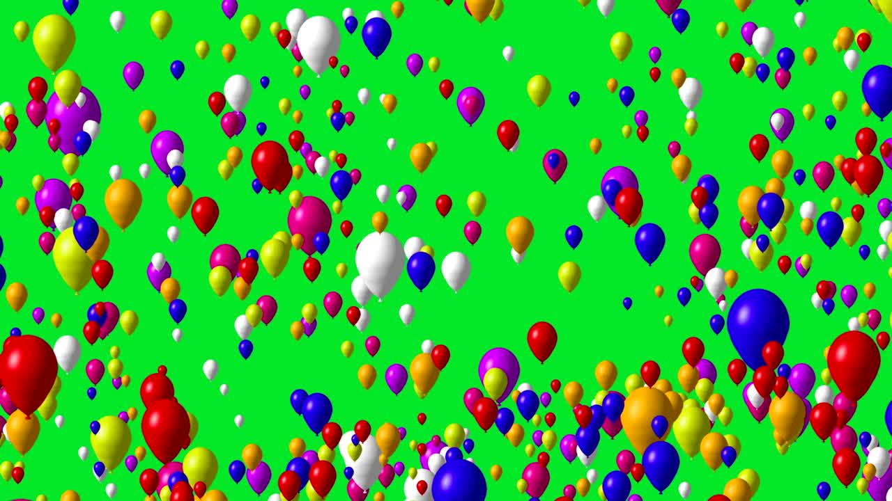 globos multicolores volando en la pantalla verde