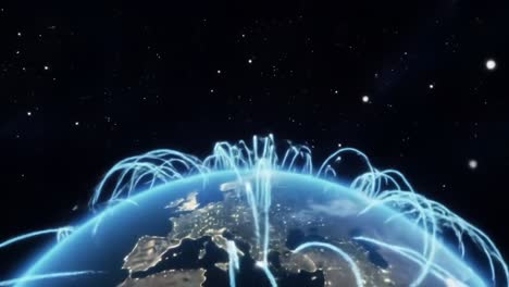 A Dynamic Visualization of Global Connectivity and Data Flow Above Our Planet, Highlighting Information Exchange Over the Earth's Surface with Illuminated Pathways