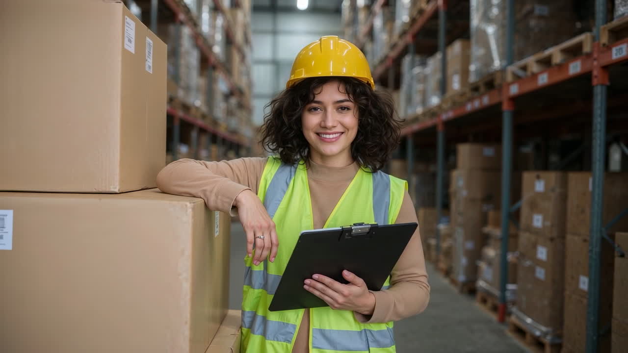 Smiling female warehouse worker with clipboard and boxes