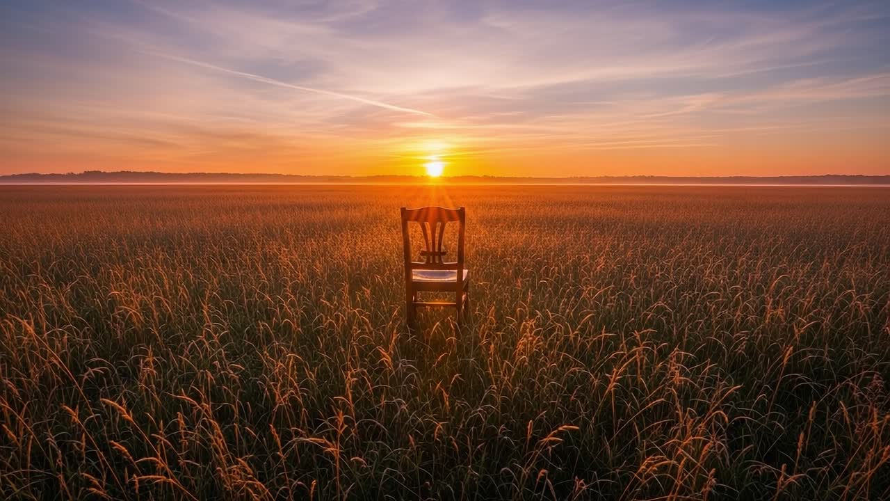A Solitary Chair Adorned by the Warm Glow of Sunrise, Standing Still Among Rolling Fields of Grass, Capturing the Essence of Peace and Contemplation in Nature's Embrace