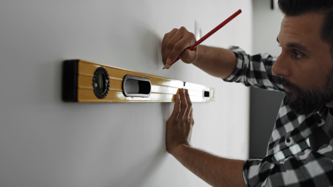 zoom hombre usando el nivel de espíritu en la pared blanca