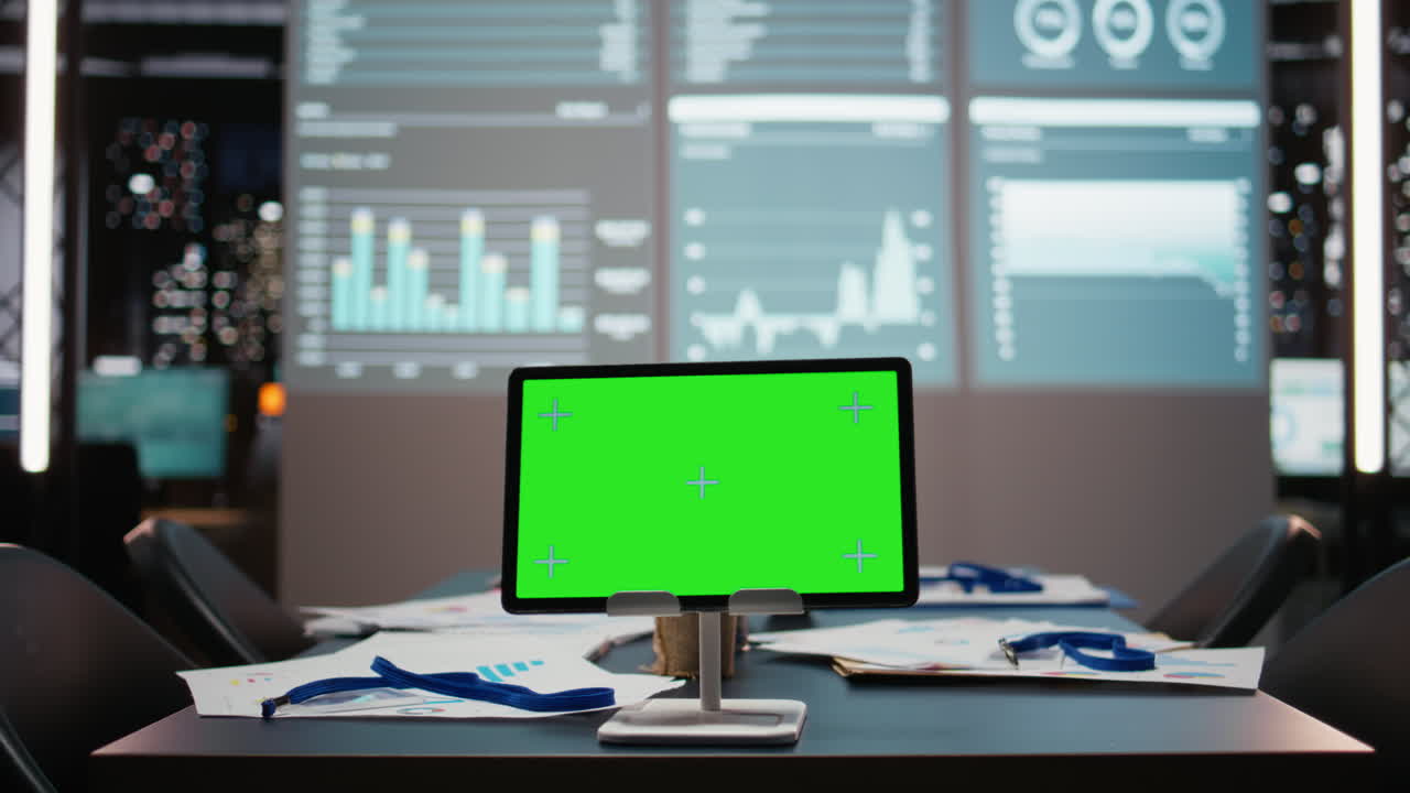 Empty office displays tablet with copy space mockup and other visual projections