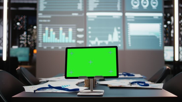 Tomt kontor viser tablet med mockup med plads til indhold og andre visuelle projektioner